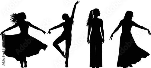 Set of elegant female dancer silhouettes performing various graceful poses in flowing dresses and active wear.