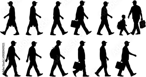 Set of male silhouettes walking in profile, including men in casual wear and business attire carrying bags and backpacks.