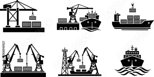 Set of industrial shipping port icons featuring container ships, harbor cranes, and logistics loading operations silhouettes.