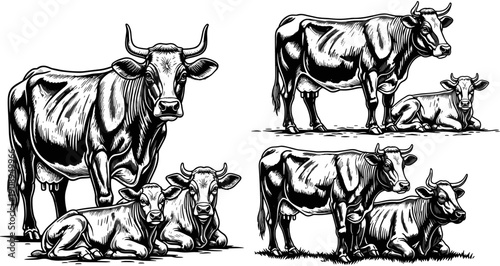 Set of detailed vector illustrations of cows and calves standing and lying down in a rural farm field.