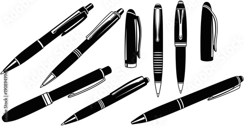 Collection of professional ballpoint and fountain pens in various styles and positions for office, writing, and business concepts.