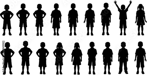 Diverse set of young children silhouettes standing in various poses, boys and girls for school, childhood, and group activity concepts.