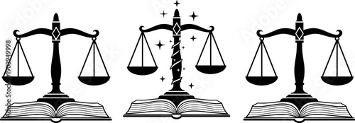 Scales of justice balanced over open law books with sparkling stars, conceptual illustration for legal system, judgment, and authority.