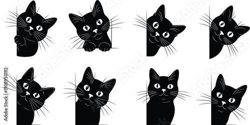 Black cat silhouettes peeking collection, cute feline icons, spooky animal figures, halloween decoration, whiskered pet shapes, isolated vector illustration design