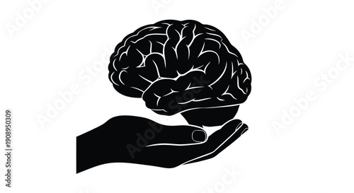 A hand gently cradling a human brain a striking silhouette