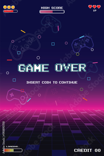 Game over. pixel art 8 bit. Retro Futurism Sci-Fi Background. glowing neon grid. and stars from vintage arcade computer games. Vertical Backgrounds