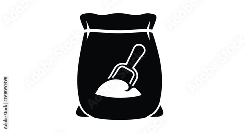 A black sack with a scoop displaying a pile of contents silhouette