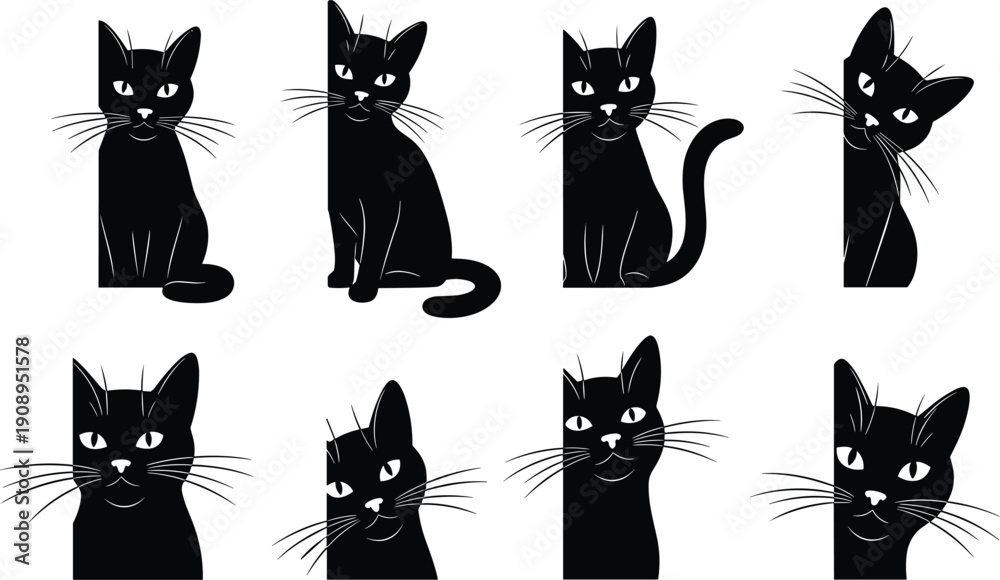 Obraz premium Black cat silhouettes puzzle collection, feline icons, cute animal figures, halloween decoration, whiskered pet shapes, isolated vector illustration design