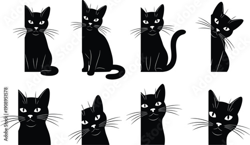 Black cat silhouettes puzzle collection, feline icons, cute animal figures, halloween decoration, whiskered pet shapes, isolated vector illustration design