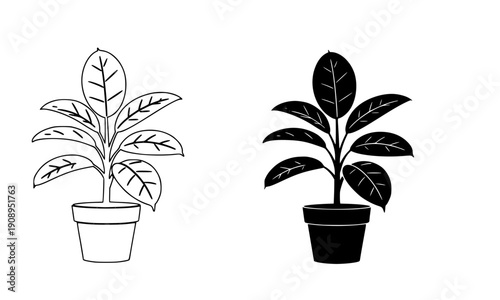 Potted houseplant icon with broad leaves in outline and solid silhouette styles for indoor home decor, botanical illustration, minimalist interior design and plant lover graphic concepts