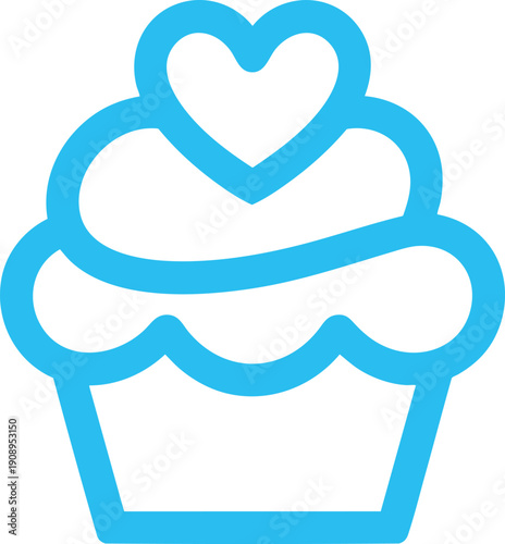 Blue cupcake with heart topper icon on transparent background, sweet treat symbol for celebration