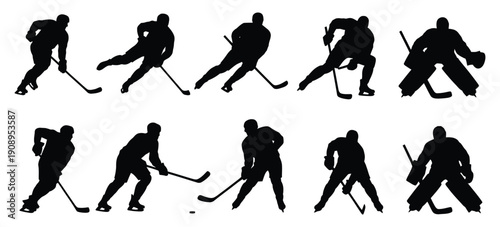 Hockey silhouettes collection, ice hockey players skating and striking the puck, match and training scenes, winter sport activity graphics, minimal shadow style, professional vector design.