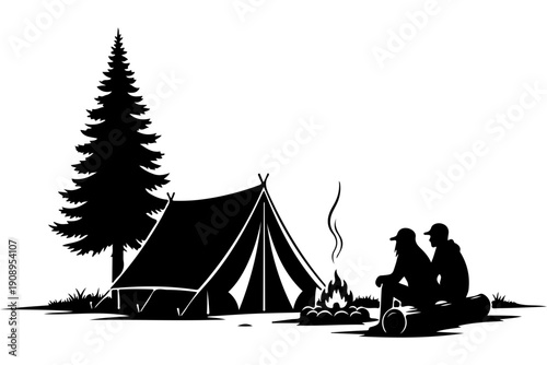 Couple Camping by the Fire Under a Tree