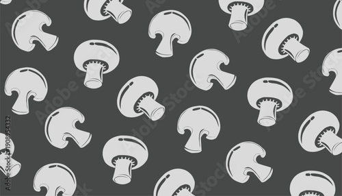 Mushroom Seamless Pattern. Mushrooms Gray Retro Texture. Vector Background Design