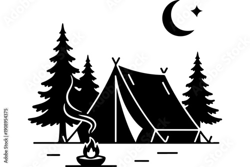 Camping Scene with Tent and Campfire Under the Moon