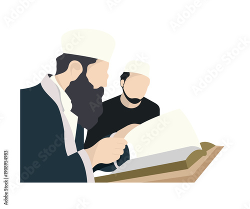 Two Muslim Men Studying a Religious Book on a Rehal