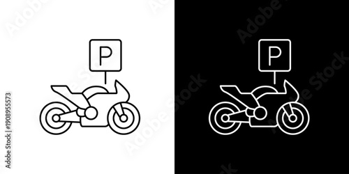 Linear Vector Icon Representing a Designated Motorcycle Parking Space with a 'P' Sign, Ideal for Road Signs and Maps