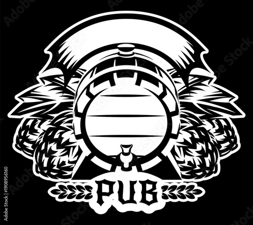 Beer keg and hop cones with an empty banner for text in a classic pub or brewery emblem style.