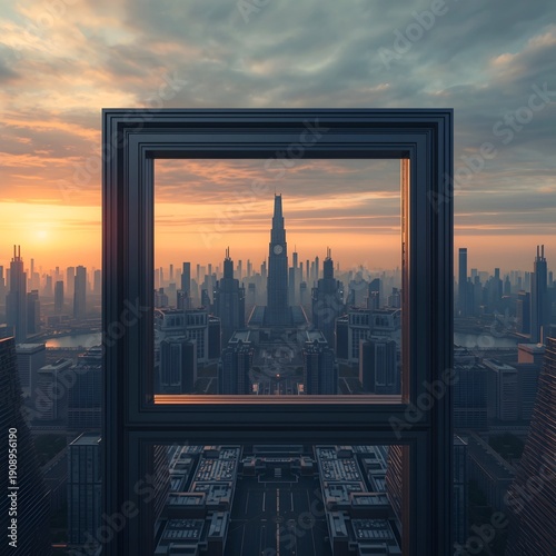 Minimal Window Frame with City Skyline at Sunset