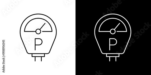 Parking meter icon on a split black and white background, minimalist line art design