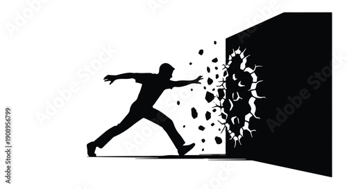 Silhouette of determined person breaking through a wall, symbolizing overcoming obstacles and achieving freedom.