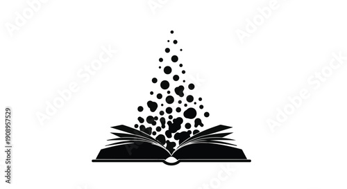 Open book releasing a cloud of abstract particles, symbolizing imagination and knowledge.
