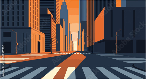 A vibrant night cityscape features a silhouette of downtown skyscrapers and urban buildings lining a busy street road under a dark sky