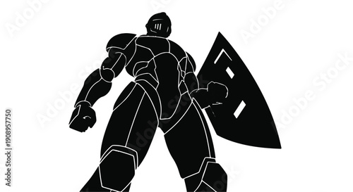 Powerful armored warrior stands ready with shield in silhouette