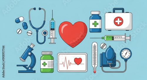 A vector graphic illustration of various medical icons and symbols on a blue background