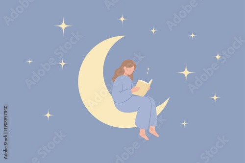 Woman sitting on crescent moon and reading a book under starry night sky illustration