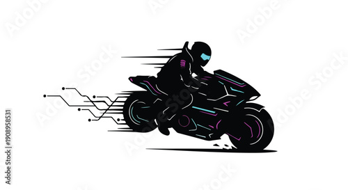 Futuristic motorcyclist in neon glow speeding into the digital future