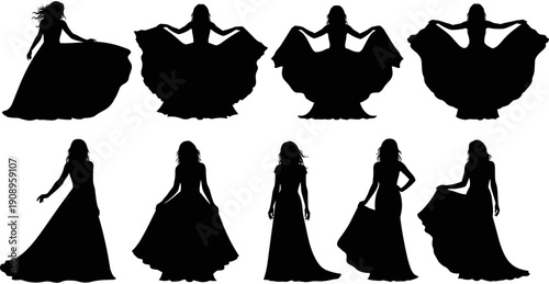 Set of elegant woman silhouettes wearing beautiful ball gowns and long dresses for fashion, gala, and wedding events.