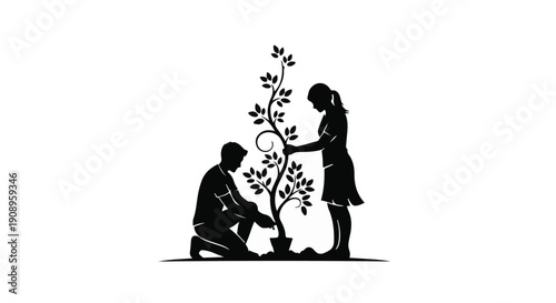 Silhouettes of a couple planting a tree together, symbolizing growth and partnership.