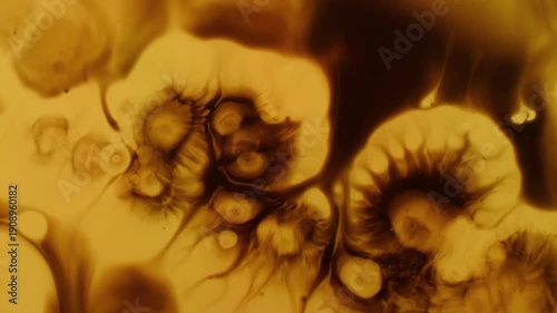 Ink spatter. Watercolor drop. Color dripping wet abstract texture. Black messy liquid pigment spill on yellow orange blur background.