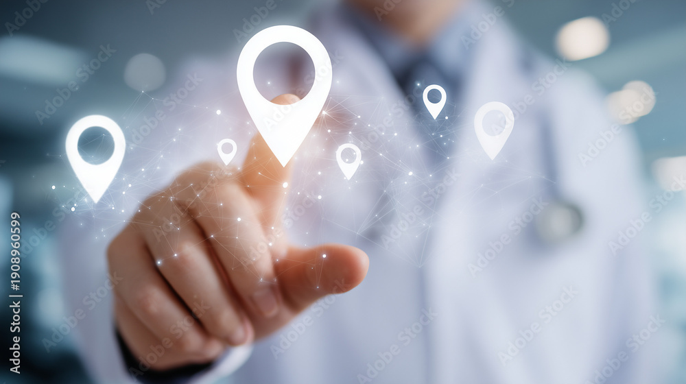 Obraz premium Digital Hand Placing Pins on Map for AI Healthcare and Delivery Innovation