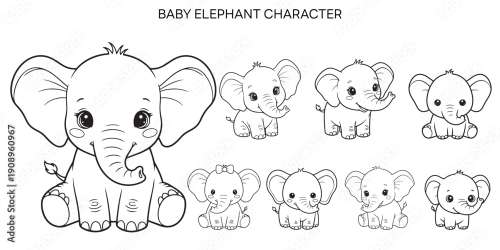 Obraz premium Cute Baby Elephant Character Line Art for Kids Coloring Page