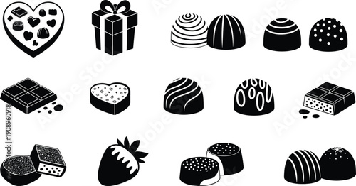 Black icons of various chocolates, truffles, gift boxes, and heart-shaped candies, representing confectionery, desserts, Valentine's Day gifts, sweets, and luxury treats.