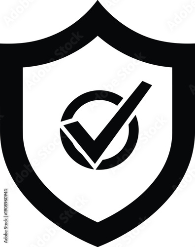 Black shield emblem with checkmark inside circle, security protection icon symbolizing verification, approval, correctness, trusted cybersecurity design
