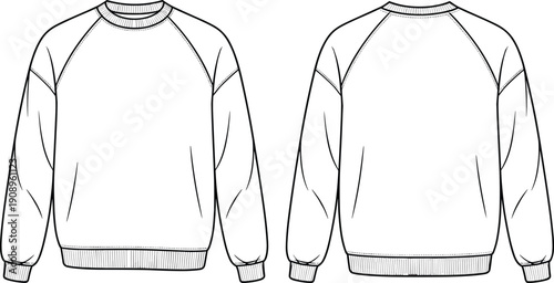 Blank white oversized sweatshirt technical sketch template, front and back view, apparel design mockup for fashion tech pack and production.