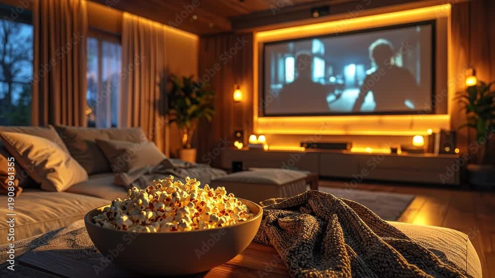 custom made wallpaper toronto digitalCozy Home Theater with Projector Screen and Popcorn Cinematic Interior Ambience