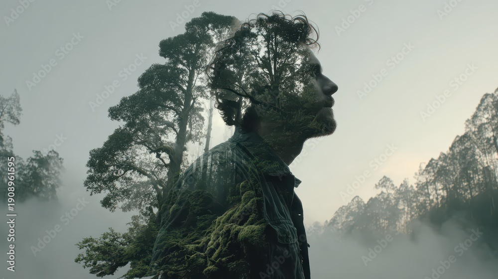 Fototapeta premium Contemplative Portrait Blend With Nature And Misty Mountains View Artistic