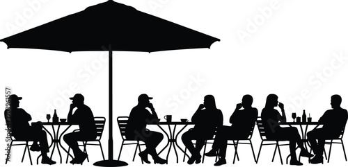 People sitting at outdoor cafe table under umbrella silhouette isolated on white background, 