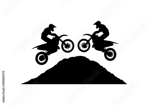 Dual Motocross Riders Jumping Over Hill