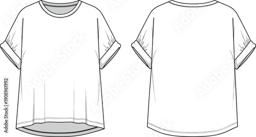 Women's oversized t-shirt technical drawing vector featuring roll-up sleeves and curved hem, front and back view fashion flat sketch template.
