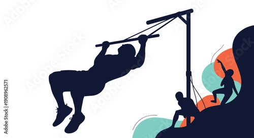 Dynamic silhouettes of athletes engaged in challenging calisthenics and rock climbing activities showcasing strength and determination.