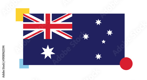 A modern and creative representation of the national flag of Australia surrounded by colorful abstract geometric shapes for decoration.