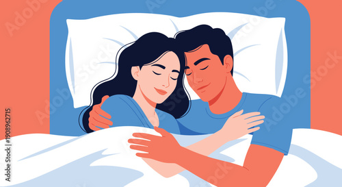 An intimate and loving illustration of a young couple cuddling affectionately while sleeping together in a comfortable blue bed.
