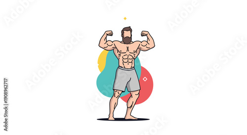 A powerful and muscular bodybuilder with a beard flexing his biceps and showing off his athletic physique in a cartoon style.