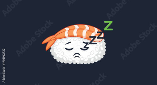 Cute cartoon character of a sleeping shrimp sushi nigiri with a tired expression and Zzz symbols on a solid dark background.