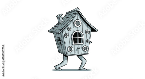A surreal and whimsical black and white illustration of a walking birdhouse with human-like legs and multiple porthole windows.